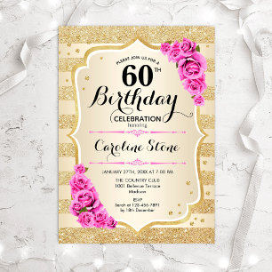 Invitación 60.º cumpleaños Bandas de oro rosas rosadas