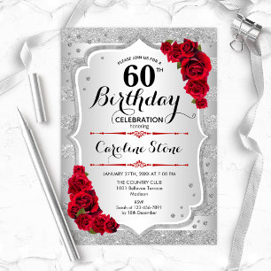 Invitación 60.º cumpleaños - Bandas de plata Roses rojas
