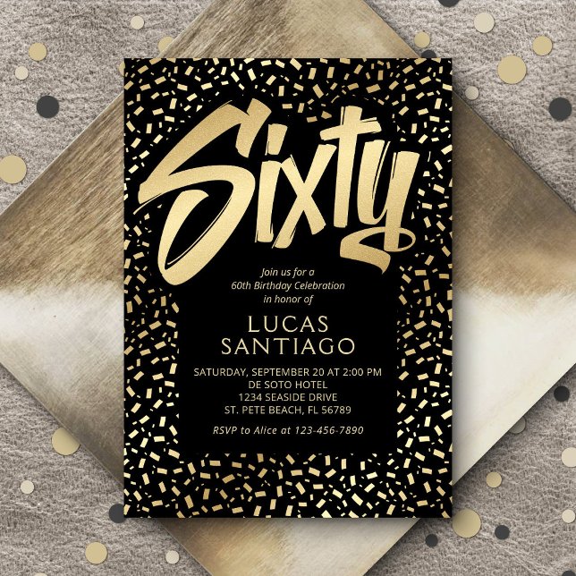 Invitación 60.º cumpleaños Black Gold Confetti (Subido por el creador)