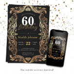 Invitación 60.º cumpleaños Boho negro glamoroso elegante<br><div class="desc">60.º Cumpleaños Boho Negro Glamoroso Elegante Invitación. Eleva tu celebración de cumpleaños con nuestro diseño de invitación, donde oro y negro se unen perfectamente para crear una obra maestra Glamurosa y Vintage. Inmersa en el encanto del Boho, esta invitación prepara el escenario para una velada inolvidable que rinde homenaje a...</div>