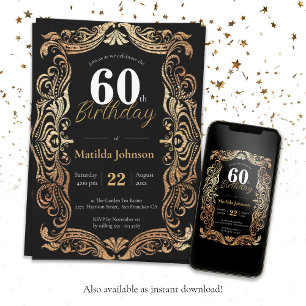 Invitación 60.º cumpleaños Boho negro glamoroso elegante