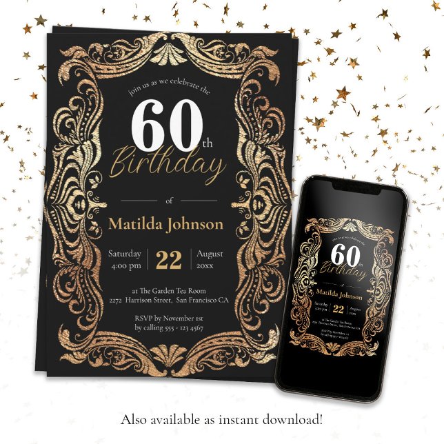 Invitación 60.º cumpleaños Boho negro glamoroso elegante (60th Birthday Gold Black Boho Glamorous Elegant Invitation)