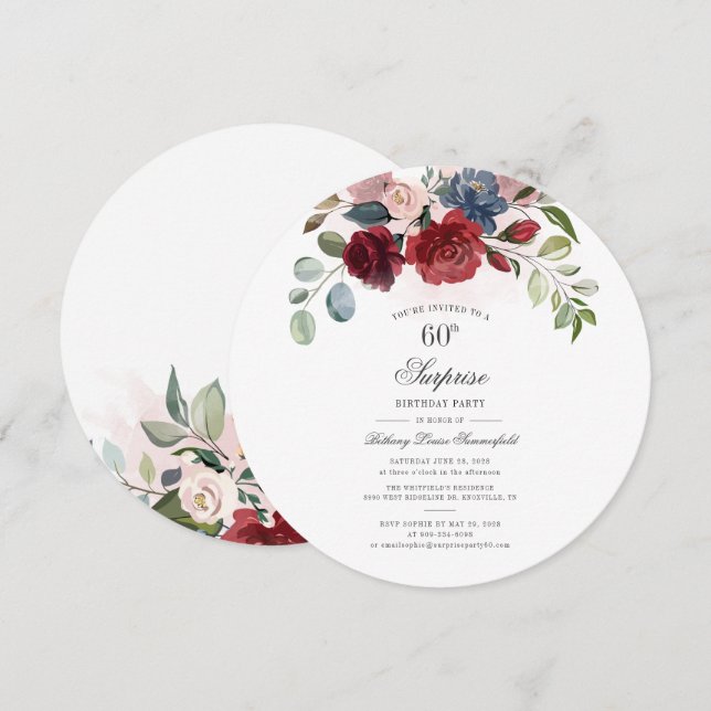 Invitación 60.º cumpleaños Borgoña acuarela Eucalyptus Fiesta (Anverso / Reverso)