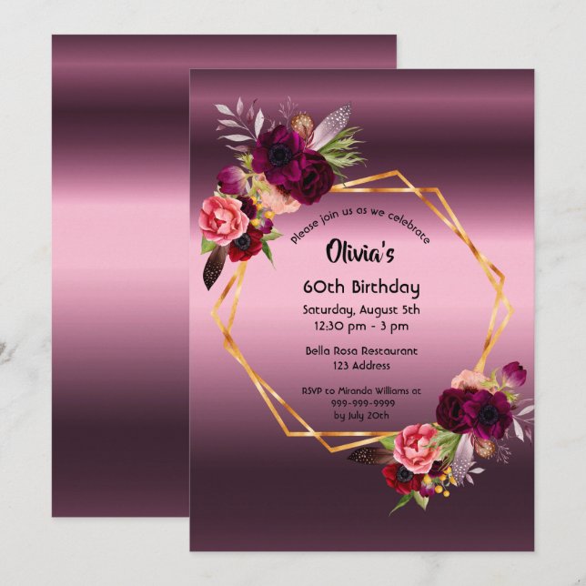 Invitación 60.º cumpleaños borgoña florales geométrico púrpur (Anverso / Reverso)