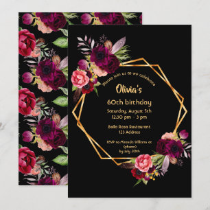 Invitación 60.º cumpleaños burdeos floral oro geométrico negr