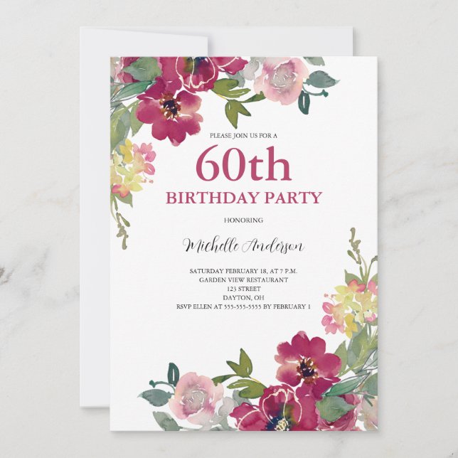 Invitación 60.º cumpleaños Burgundy Floral acuarela (Anverso)