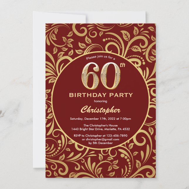 Invitación 60.º cumpleaños Burgundy Rojo y Patrón Floral de O (Anverso)