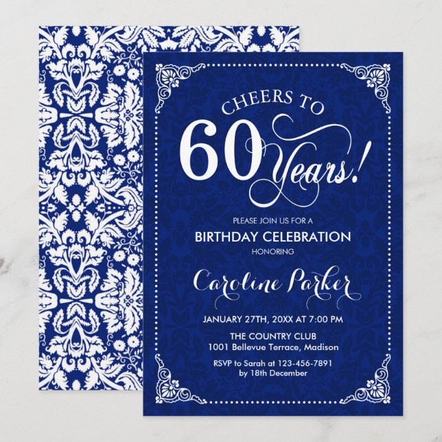 Invitación 60.º cumpleaños - Damasco blanco de la Marina (Anverso / Reverso)