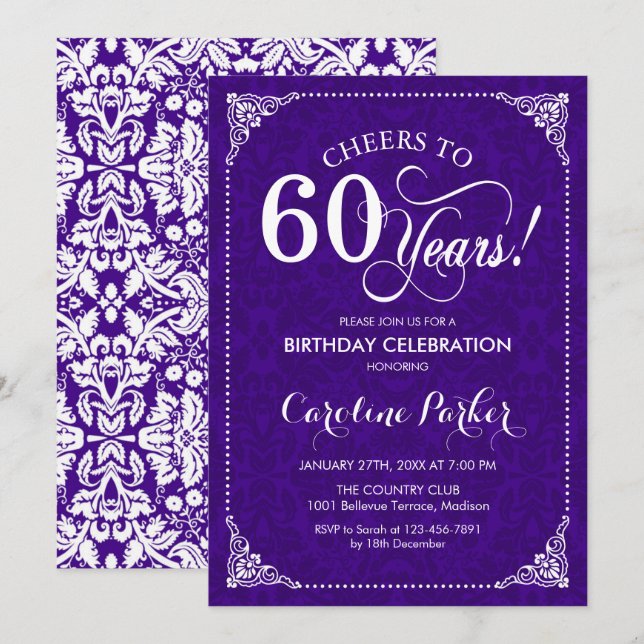 Invitación 60.º cumpleaños - Damasco blanco morado (Anverso / Reverso)