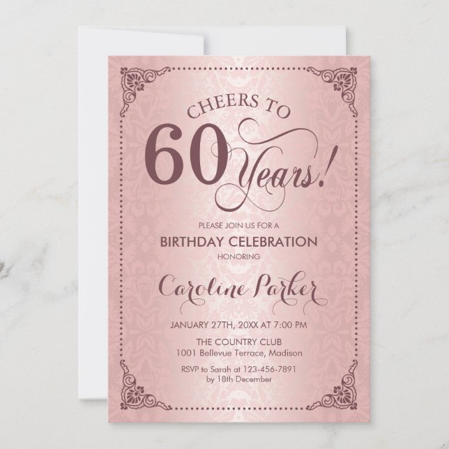 Invitación 60.º cumpleaños - Damasco de oro Rosa (Anverso)