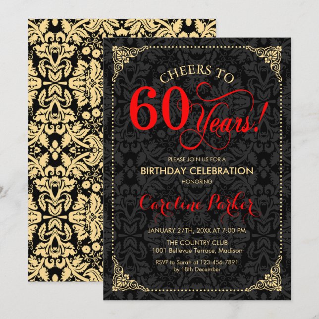 Invitación 60.º cumpleaños - Damasco negro de oro rojo (Anverso / Reverso)