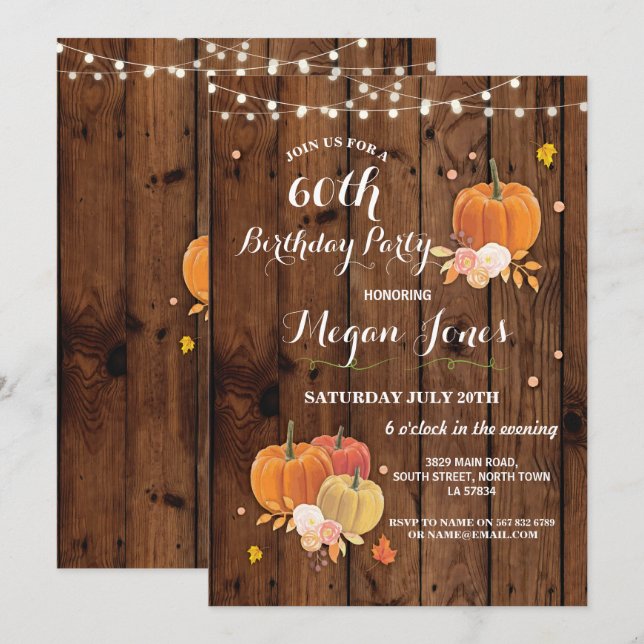 Invitación 60.º cumpleaños de calabaza Rustic Wood Invite 40 (Anverso / Reverso)