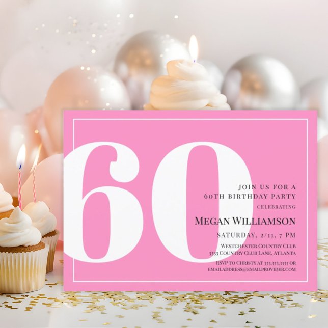 Invitación 60.º cumpleaños de escritura blanca y rosa moderna (Subido por el creador)
