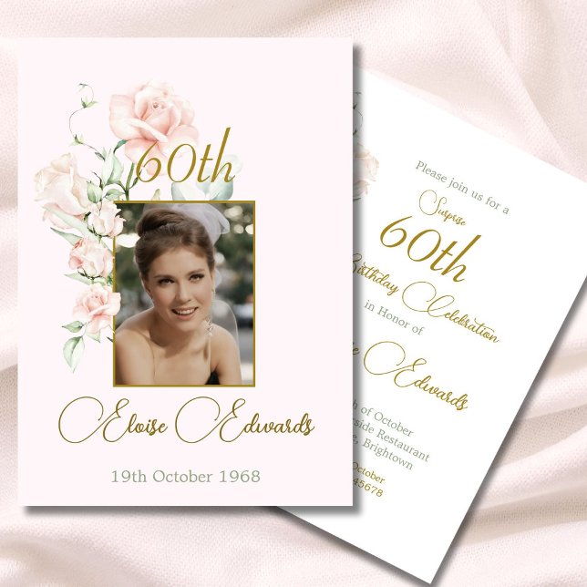 Invitación 60.º cumpleaños de la elegante foto rosa de Rubor  (Subido por el creador)