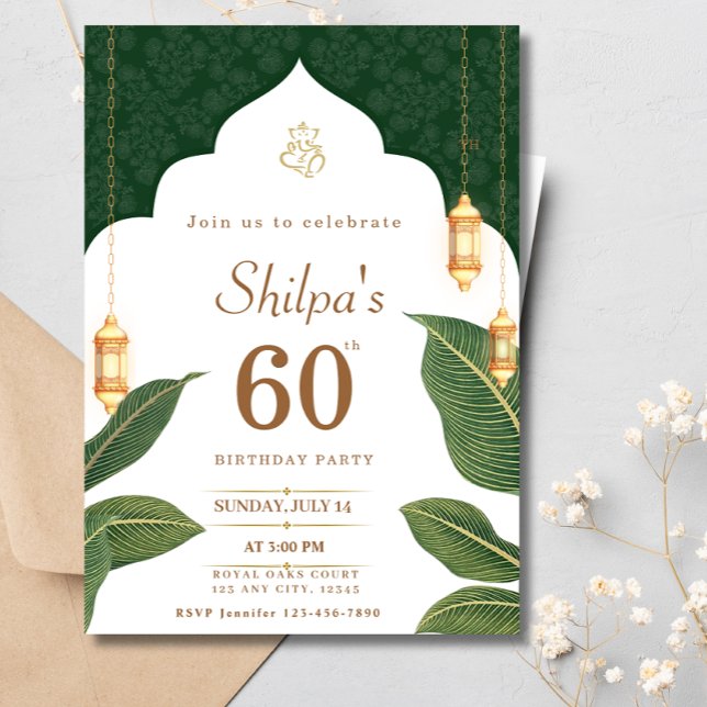 Invitación 60.º cumpleaños de la etnia india Green Gold (Subido por el creador)