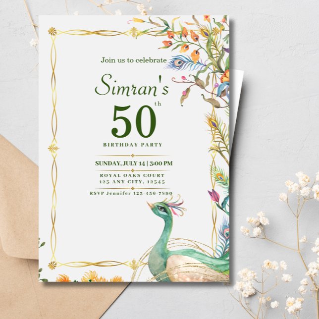 Invitación 60.º cumpleaños de la etnia india Green Gold Peaco (Subido por el creador)