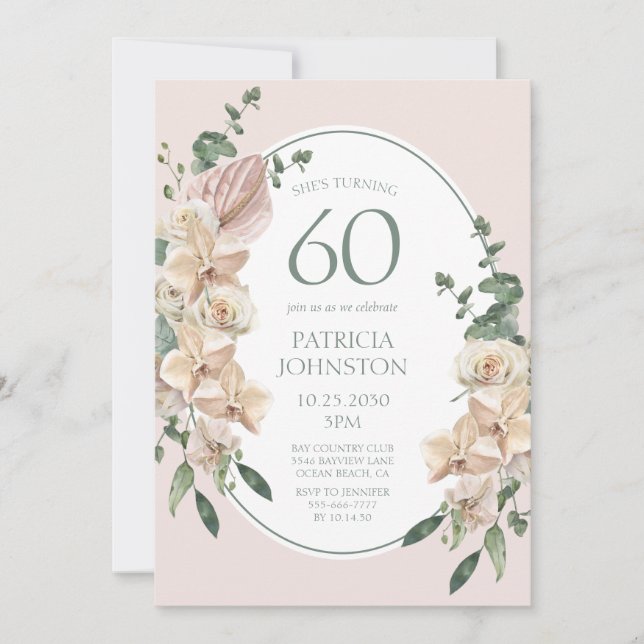 Invitación 60.º cumpleaños de la floral tropical (Anverso)