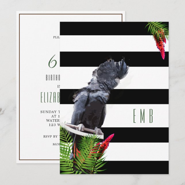 Invitación 60.º cumpleaños de loro negro en franja blanca (Anverso / Reverso)