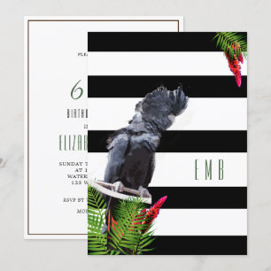 Invitación 60.º cumpleaños de loro negro en franja blanca