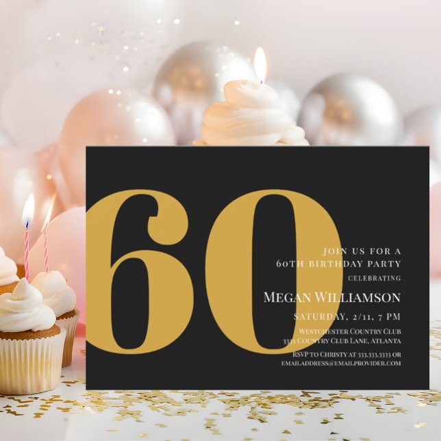 Invitación 60.º cumpleaños de oro moderno y escritura negra (Subido por el creador)