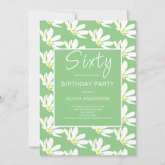 Invitación 60.º cumpleaños de White Floral Botánico (Anverso)