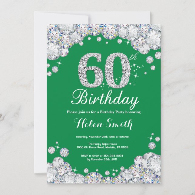 Invitación 60.º cumpleaños Diamante Verde y Plata (Anverso)