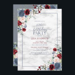Invitación 60.º cumpleaños Dusty Blue Burgundy Rubor Gold<br><div class="desc">Celebra tu cumpleaños número 60 con estilo con esta hermosa invitación de Rubor Gold Floral de cumpleaños número 60! Con un elegante azul polvoriento, una marsala de color burdeos, una flor de acuarela rosa y un verde botánico y un polvoriento marco azul contra un único fondo de mármol de imitación,...</div>