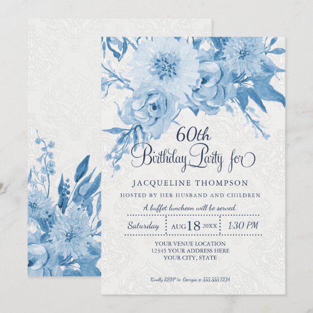 Invitación 60.º cumpleaños Dusty Blue Lace Damask Floral (Anverso / Reverso)
