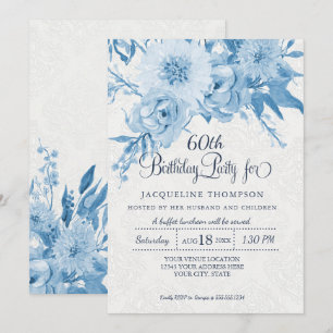 Invitación 60.º cumpleaños Dusty Blue Lace Damask Floral