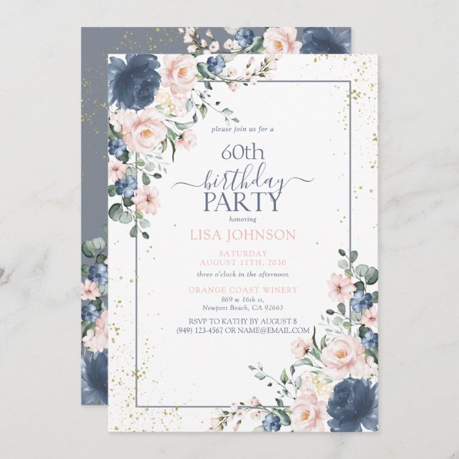 Invitación 60.º cumpleaños Dusty Blue Rubor Pink Gold Floral (Anverso / Reverso)