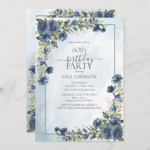 Invitación 60.º cumpleaños Dusty Blue Watercolor Floral