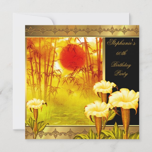Invitación 60.º cumpleaños Elegante Asia Dorado Floral 2 (Anverso)