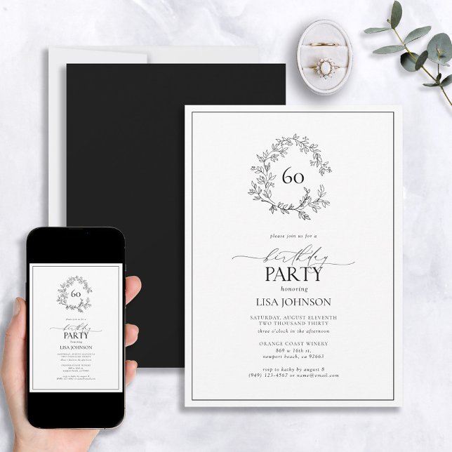 Invitación 60.º cumpleaños Escudo de Leafy Blanco y Negro mod (Subido por el creador)