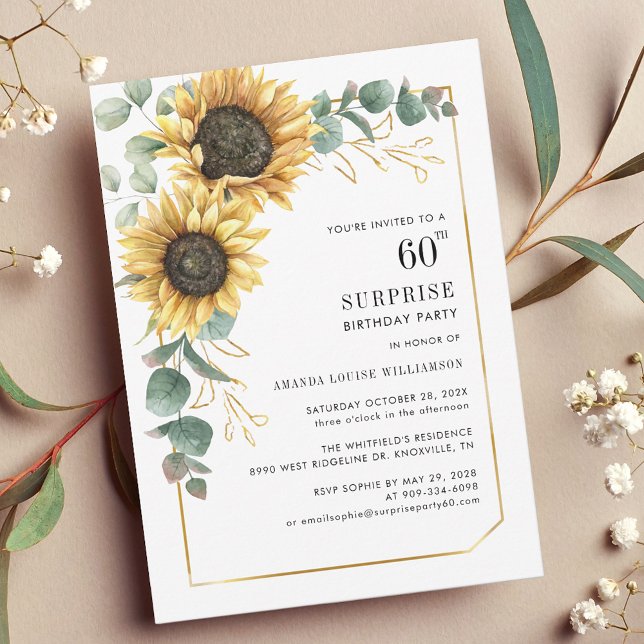 Invitación 60.º cumpleaños Eucalipto Floral Girasol moderno (60th Birthday Party Invitation Floral Sunflower Eucalyptus Card)