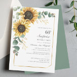 Invitación 60.º cumpleaños Eucalyptus Floral Girasol<br><div class="desc">Eucalyptus Sunflower Floral Script 60th Birthday Invitation puede personalizar fácilmente con los detalles de su fiesta haciendo clic en el botón "Personalizar". Con flores y vegetación amarillo brillante suculento con un marco geométrico de Relieve metalizado dorado y tipografía moderna</div>