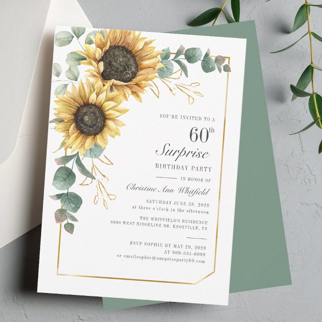 Invitación 60.º cumpleaños Eucalyptus Floral Girasol (Sunflower Eucalyptus Floral 60th Birthday Invitation)