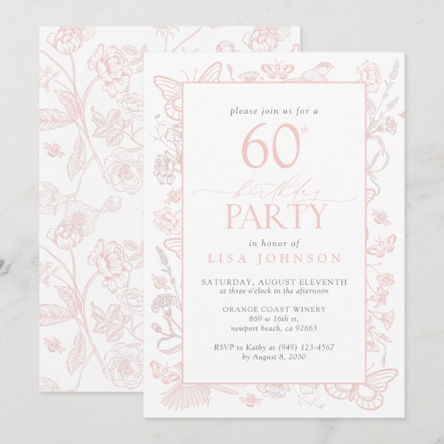 Invitación 60.º cumpleaños Feminine Rubor Pink Floral (Anverso / Reverso)