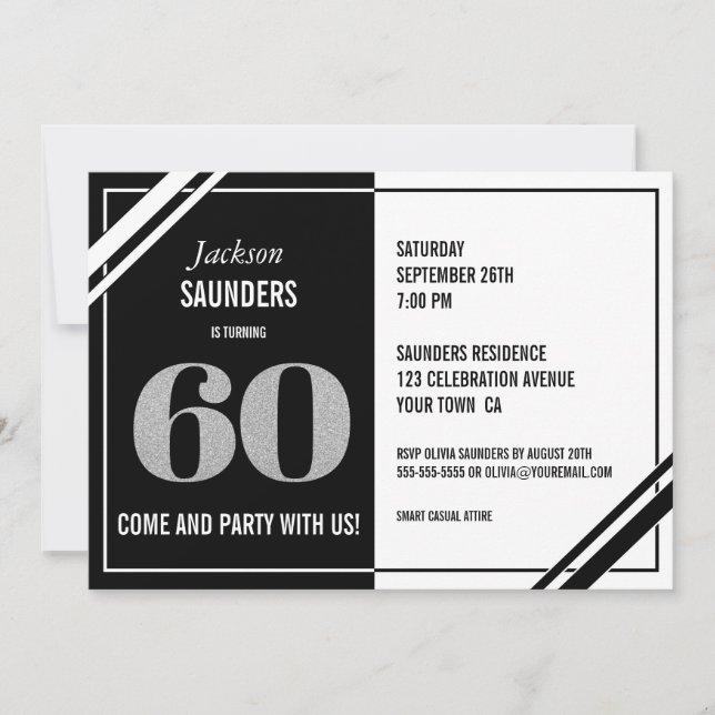 Invitación 60.º cumpleaños Fiesta blanco y negro moderno (Anverso)