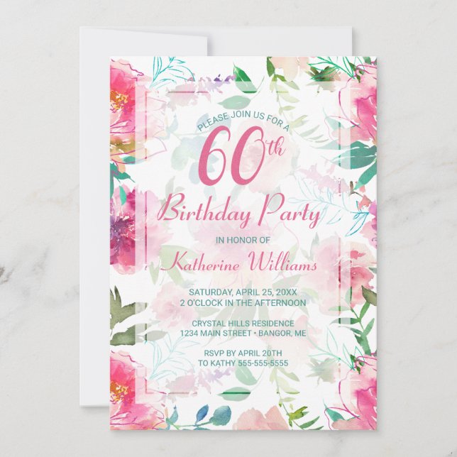 Invitación 60.º cumpleaños Fiesta de peones rosados florales  (Anverso)