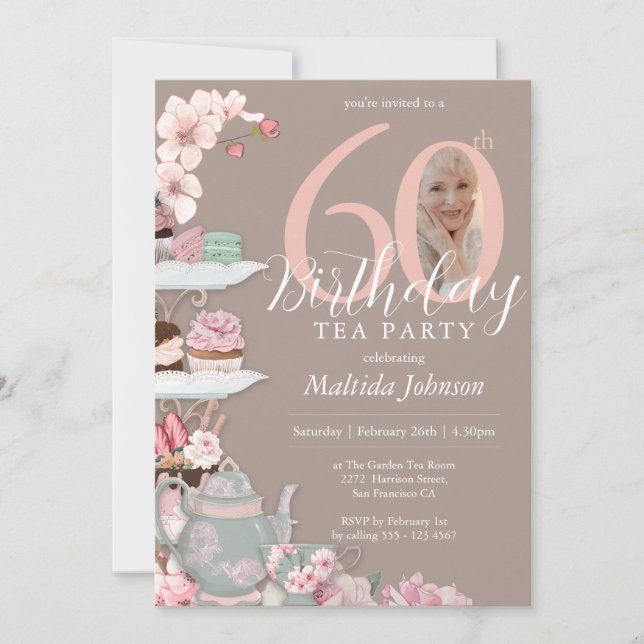 Invitación 60.º cumpleaños Fiesta de té Personalizado rosa fl (Anverso)