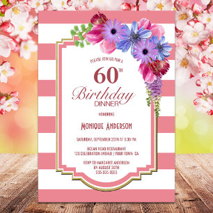 Invitación 60.º cumpleaños Fiesta floral morado rayado rosado