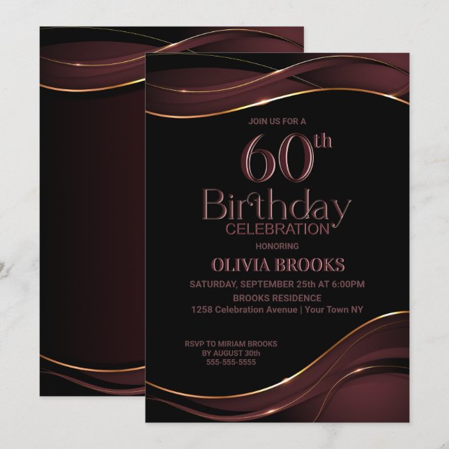 Invitación 60.º cumpleaños Fiesta rosado polvoriento negro (Anverso / Reverso)