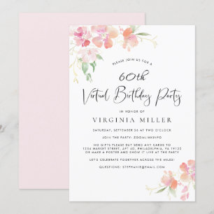 Invitación 60.º cumpleaños Fiesta virtual de acuarela floral 