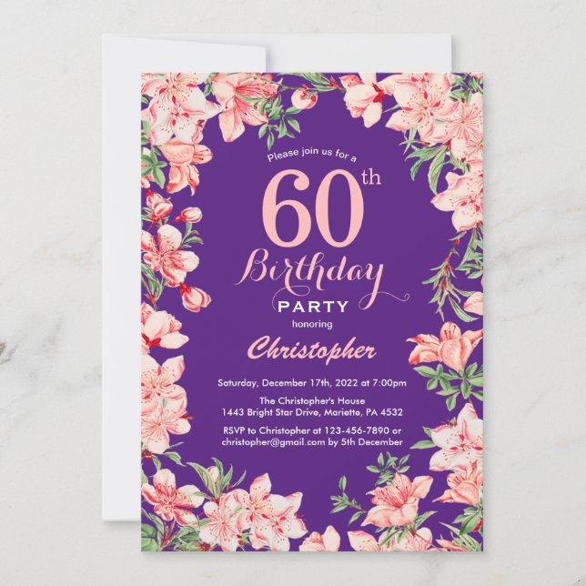 Invitación 60.º cumpleaños Flores de flores rosadas violeta p (Anverso)