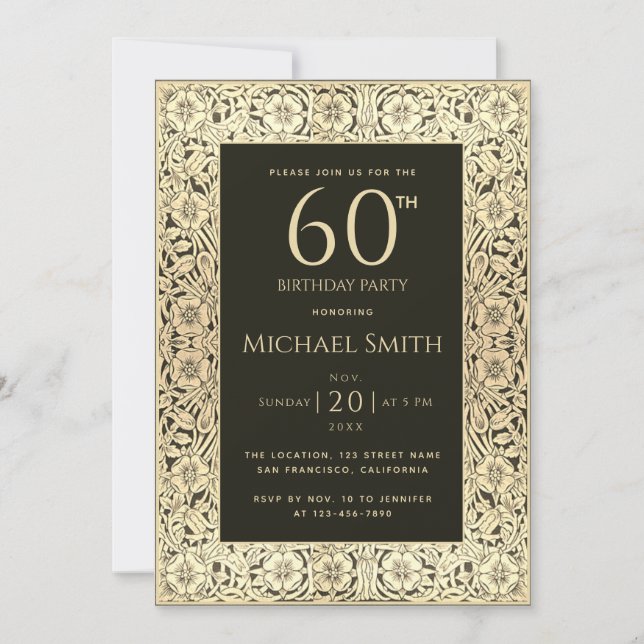Invitación 60.º cumpleaños Flores de oro negro Elegante Vinta (Anverso)