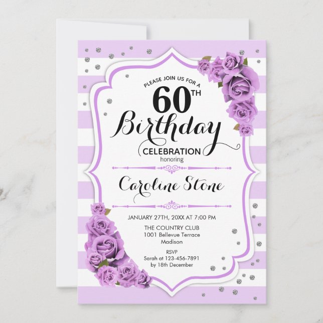 Invitación 60.º cumpleaños - Flores moradas blancas de lavand (Anverso)