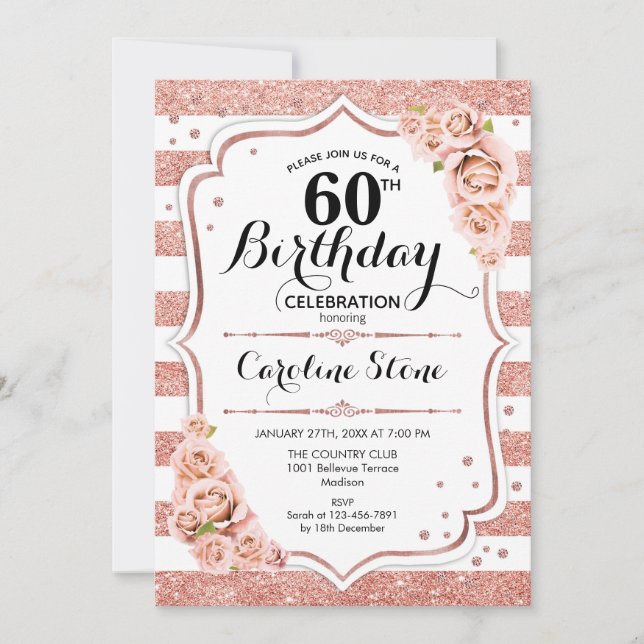 Invitación 60.º cumpleaños - franjas blancas de oro Rosa (Anverso)