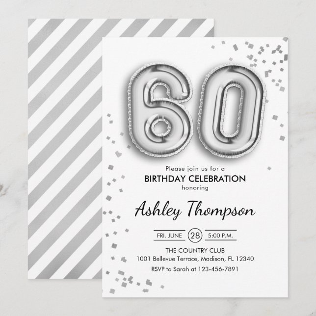 Invitación 60.º cumpleaños - Globos plateados (Anverso / Reverso)
