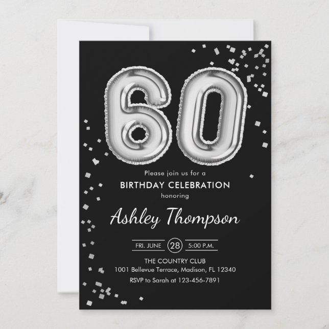 Invitación 60.º cumpleaños - Globos plateados Negro (Anverso)
