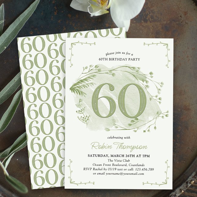 Invitación 60.º cumpleaños Green Dainty Wildflower Número 60 (60th Birthday Invitation - buy professionally printed or as digital download for printing or sharing)